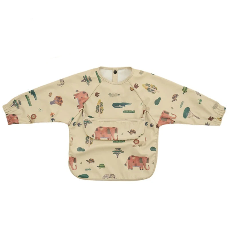 New Children Feeding Aprons Long Sleeve Baby Bib With Pocket Full Cover Kid Gown With Bag Waterproof Long-Sleeve Smock