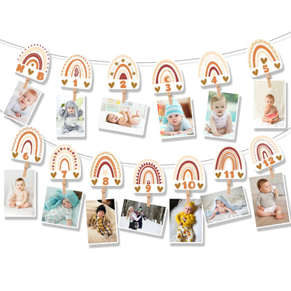 1st Birthday Rainbow Photo Baby Boho Newborn to 12 Months Photo Banner First Birthday Party Decoration Bohemian Monthly Garland