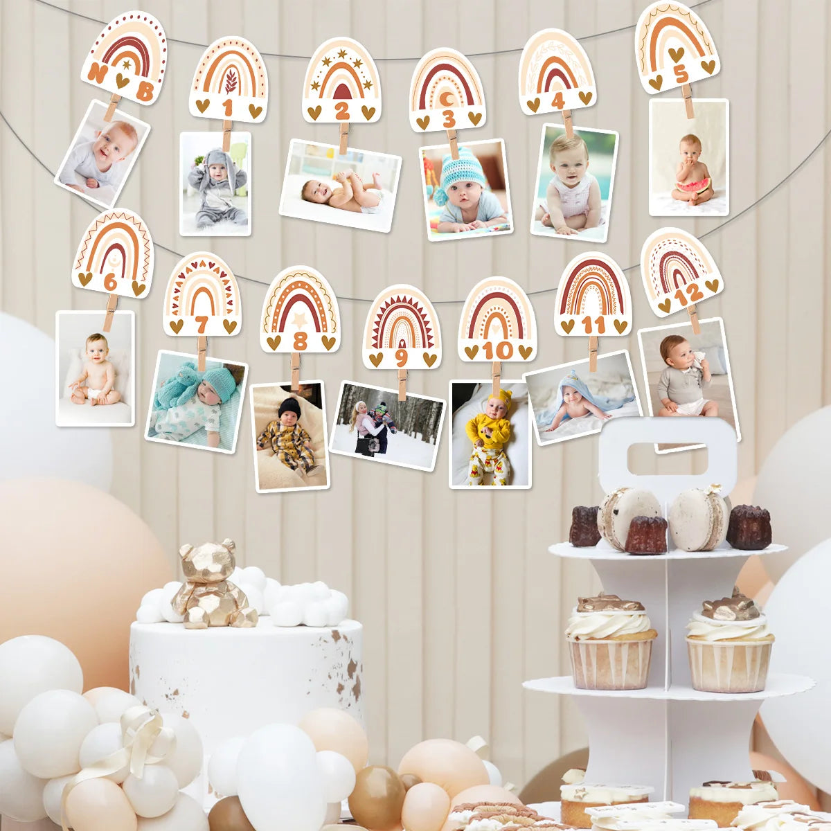 1st Birthday Rainbow Photo Baby Boho Newborn to 12 Months Photo Banner First Birthday Party Decoration Bohemian Monthly Garland