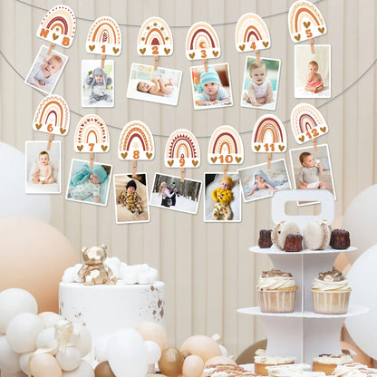 1st Birthday Rainbow Photo Baby Boho Newborn to 12 Months Photo Banner First Birthday Party Decoration Bohemian Monthly Garland