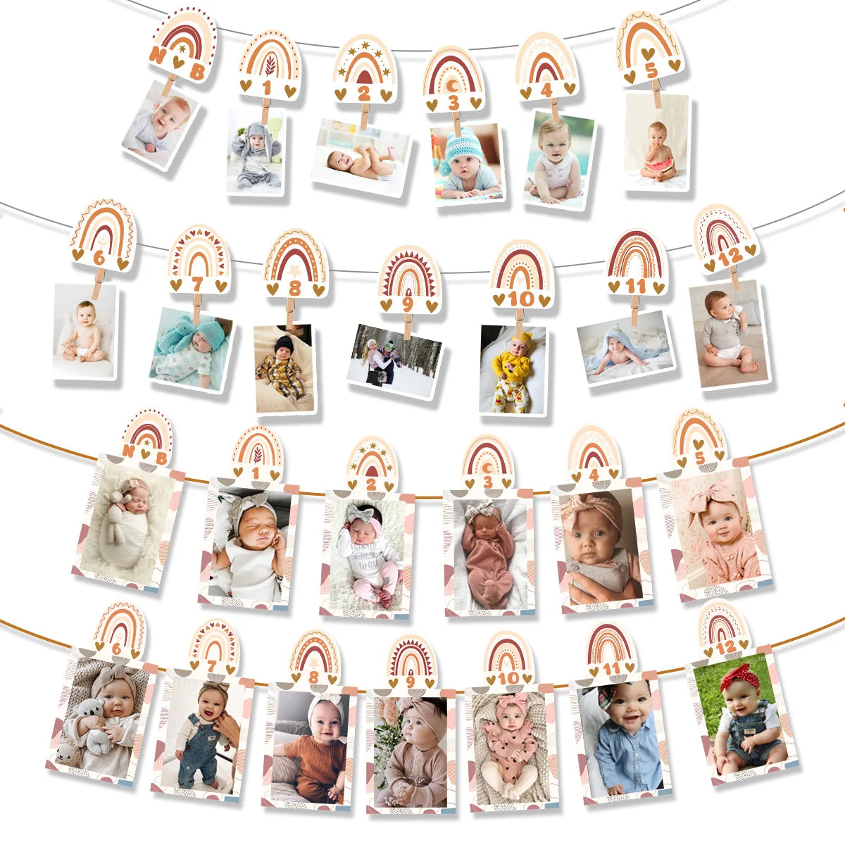 1st Birthday Rainbow Photo Baby Boho Newborn to 12 Months Photo Banner First Birthday Party Decoration Bohemian Monthly Garland