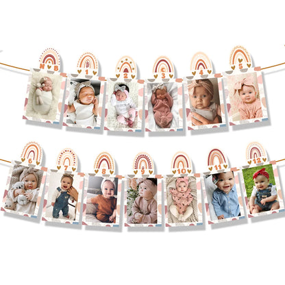 1st Birthday Rainbow Photo Baby Boho Newborn to 12 Months Photo Banner First Birthday Party Decoration Bohemian Monthly Garland