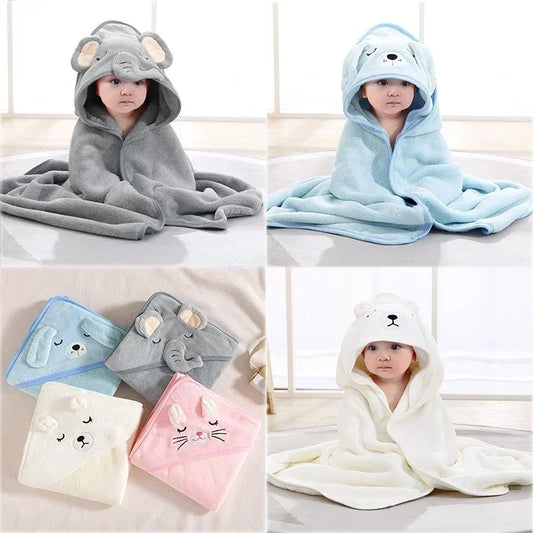 Baby Bath Towel Cartoon Animal Newborn Girl Boy Wrap Blanket Absorbent Baby Bathrobe Hooded Coral Fleece Bath Towels 0-12 Months