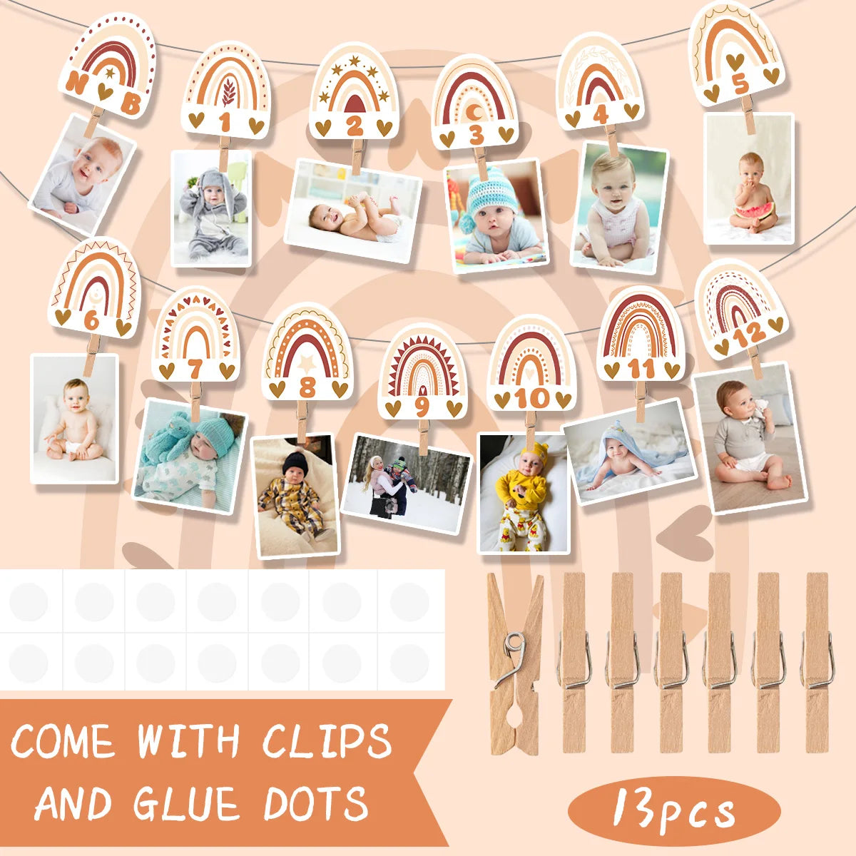 1st Birthday Rainbow Photo Baby Boho Newborn to 12 Months Photo Banner First Birthday Party Decoration Bohemian Monthly Garland