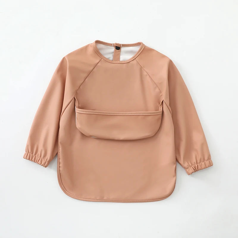 New Children Feeding Aprons Long Sleeve Baby Bib With Pocket Full Cover Kid Gown With Bag Waterproof Long-Sleeve Smock