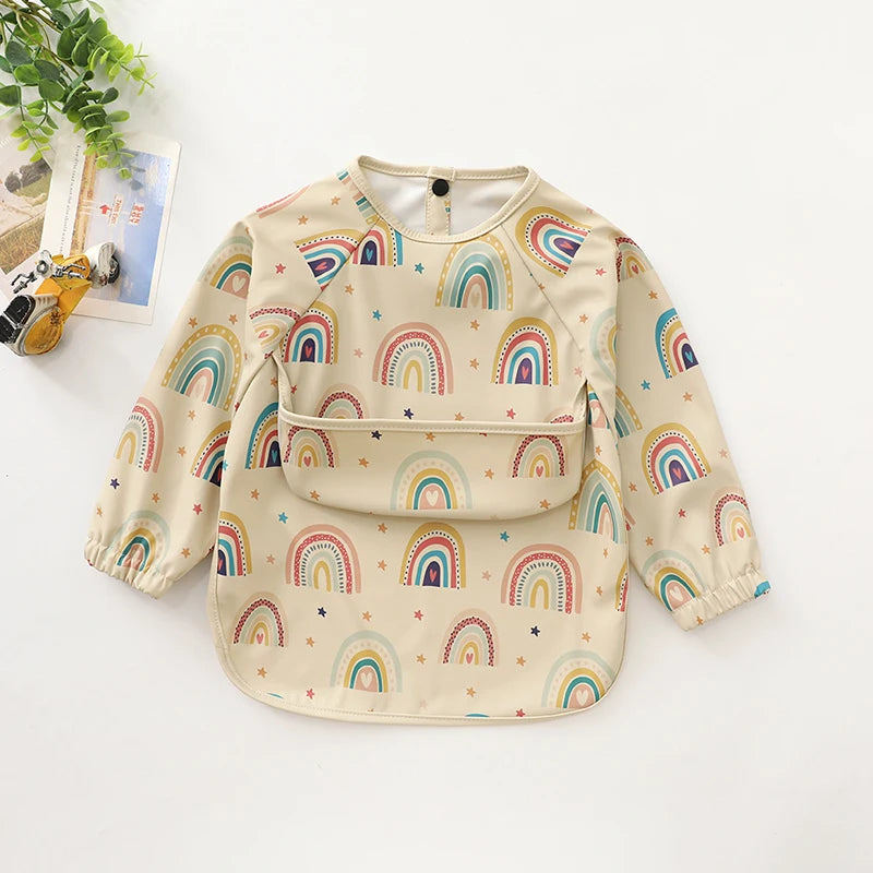 New Children Feeding Aprons Long Sleeve Baby Bib With Pocket Full Cover Kid Gown With Bag Waterproof Long-Sleeve Smock