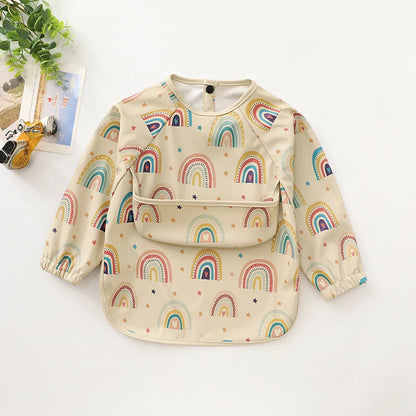 New Children Feeding Aprons Long Sleeve Baby Bib With Pocket Full Cover Kid Gown With Bag Waterproof Long-Sleeve Smock